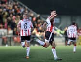 Derry City Pat Hoban celebrates a goal against Bohemians at the Brandywell on Friday night.
