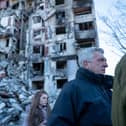 Filippo Grandi, the United Nations High Commissioner for Refugees, tours a neighborhood in Kharkiv that was heavily damaged by the Russians on January 24, 2023. (Photo by Spencer Platt/Getty Images)