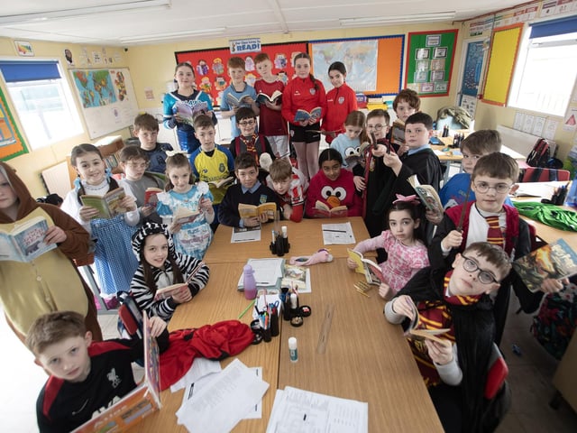 Mr. O'Connor's P6s celebrating World Book Day at Hollybush PS.