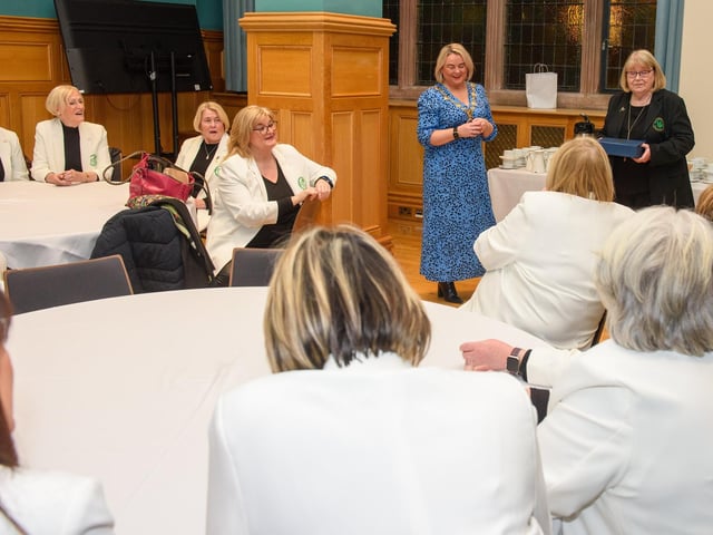 The Mayor Councillor Sandra Duffy welcomed the members of Colmcille Ladies Choir to a reception in the Guildhall as they mark their 50th Anniversary. Picture Martin McKeown. 20.01.23:.