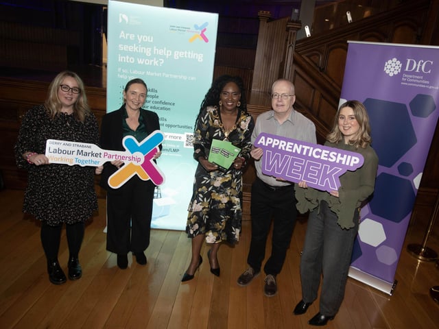 APPRENTICESHIP FAIR AT GUILDHALL. . . .The Mayor, Lilian Seenoi-Barr pictured at Thursday's DCSDC Labour Market Partnership Apprenticeship Fair at the Guildhall. Included from left are Natasha McClay, Outreach Events Manager, Department for Communities, Louise Devine, Outreach and Events Manager, DFC, Pascal Keys and Niamh Harte, Employment Advisors, Employment Services, Foyle JBO Branch.