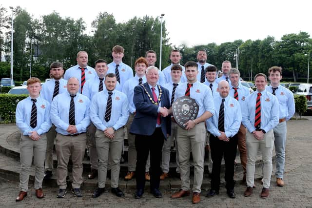 Ulster Junior Shield winners, Limavady Rugby Club, pictured with the Mayor, Councillor Steven Callaghan at a civic reception in Cloonavin.