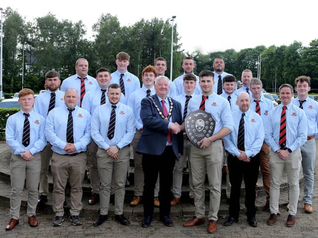 Ulster Junior Shield winners, Limavady Rugby Club, pictured with the Mayor, Councillor Steven Callaghan at a civic reception in Cloonavin.