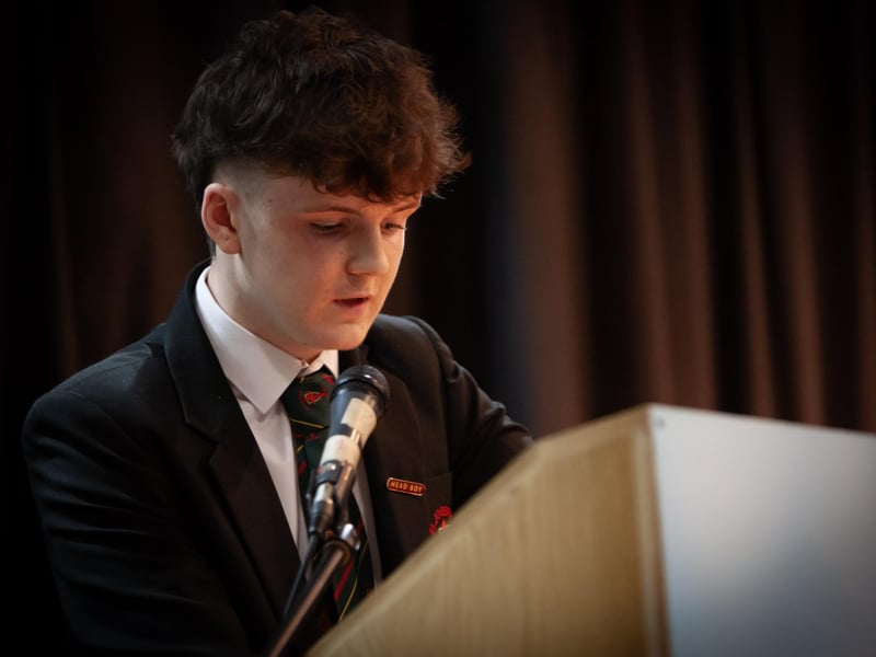 St. Joseph's Boys. School Head Boy Ciaran Mullan addressing the attendance on Open Night.