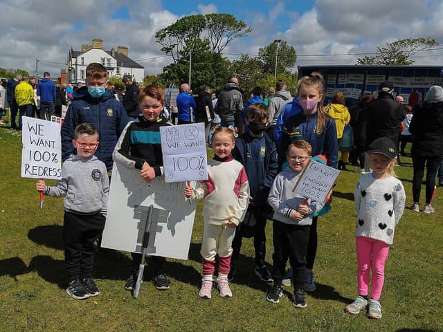 Young demonstrators at a previous rally over the Defective Blocks crisis rally at Buncrana’s Shorefront. Photo: George Sweeney. DER2120GS – 040