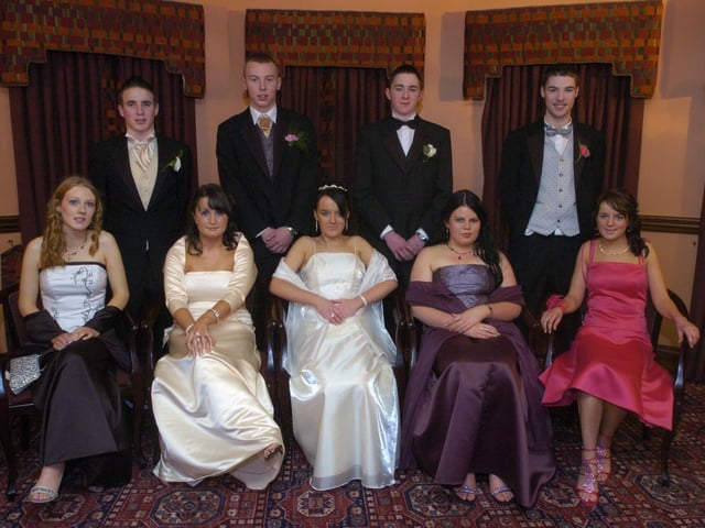 Seated, from left, Deborah Kelly, Danielle McGonigle, Donna Mulhern, Kelly Gillespie, and Clare Hegarty. Standing, from left, Declan Fullerton, Niall Crossan, PJ Doherty, and Ruairi McLaughlin. (1801PG07) : Scoil Mhuire Formal in January 2005.