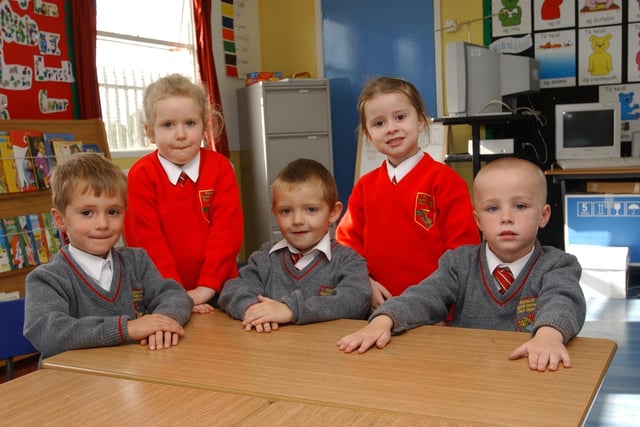 Primary 1 pupils from St Canice's Primary School, Dungiven. Included, from left, Pearse Brolly, Michelle O'Kane, Lee McTaggart, Bronagh McGrellis, and Oisin McCloskey (2609PG07):20 years on: Young people across Derry and Donegal starting school in September 2003