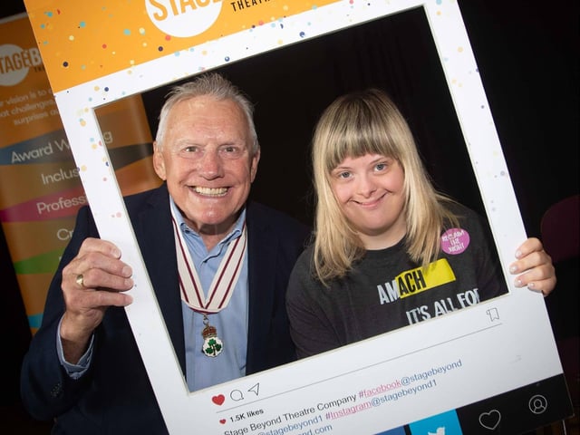 Lord Lieutenant Ian Crowe pictured with Stage Beyond company member and Makaton Master Eve McIvor