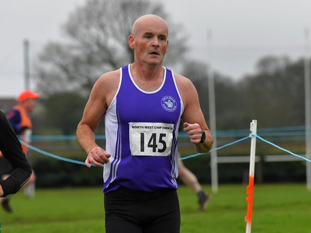 Foyle Valley’s Gerry McKinney competing in the Spartans open cross country 6k race at Thornhill College on Saturday. Photo: George Sweeney