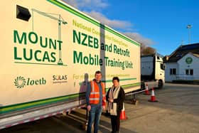 IDP's Ana McColgan and Mount Lucas Trainer Cathal Bermingham at the NZEB unit in Buncrana.