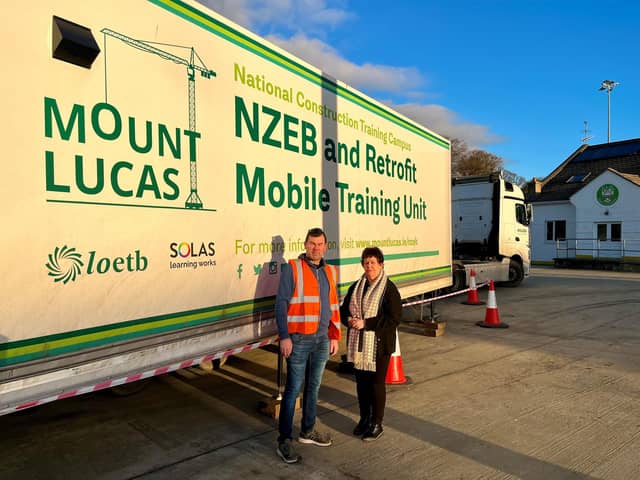 IDP's Ana McColgan and Mount Lucas Trainer Cathal Bermingham at the NZEB unit in Buncrana.