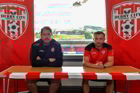 New signing Paul McMullan pictured with Derry City manager Ruaidhri Higgins. Photo: George Sweeney. DER2326GS – 001