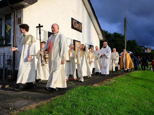 Fr. Gerard Mongan with clergy taking part in the procession after Mass to mark the 80th anniversary of Consecration of Long Tower Church, to St. Columba’s Well as part of the St. Columba’s Day celebrations. (Photo - Tom Heaney, nwpresspics)