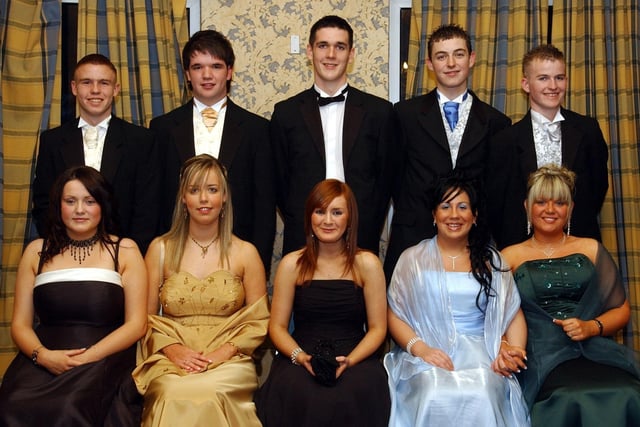 Front, from left, are Sarah Lyttle, Nicola Cunningham, Joanne Kearney, Charlotte Cox and Mandy Dillon. Back, from left, are Ronan O'Donnell, Christopher Kerrigan, Paul Gallagher, Christopher McLaughlin and Gary McCallion. (1611C10) : Students and their guests pictured at the St Columb's College formal back in November 2004.