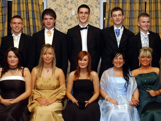 Front, from left, are Sarah Lyttle, Nicola Cunningham, Joanne Kearney, Charlotte Cox and Mandy Dillon. Back, from left, are Ronan O'Donnell, Christopher Kerrigan, Paul Gallagher, Christopher McLaughlin and Gary McCallion. (1611C10) : Students and their guests pictured at the St Columb's College formal back in November 2004.