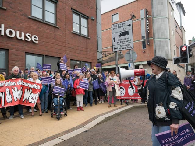 Equity held a rally outside Northern Ireland government offices. The performing arts and entertainment trade union was calling on the Minister Gordon Lyons and his Department for Communities to increase funding for the arts across Northern Ireland at department offices in Derry.