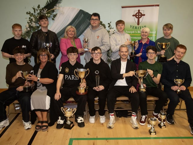 Mrs. Ciara Deane, Principal, Mrs. Siobhan McIntyre, chair, Board of Governors, Ms. Therese Ferry, Board of Governors and Ronan Stewart, Guest Speaker, pictured with some of the Senior Awards Winners at the Annual St. Joseph's Prizegiving on Thursday last. (Photos: Jim McCafferty Photography) : .