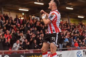 Derry City’s Danny Mullen celebrates scoring against Shelbourne.  Photograph: George Sweeney