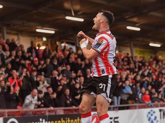 Derry City’s Danny Mullen celebrates scoring against Shelbourne. Photograph: George Sweeney