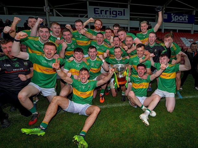 Watty Graham’s Glen, celebrate their Derry SFC Cup final win over Slaughneil at Celtic on Sunday afternoon.  DER2243GS – 001