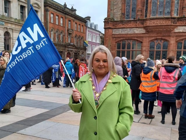 The Mayor of Derry Sandra Duffy supporting the strike rally.