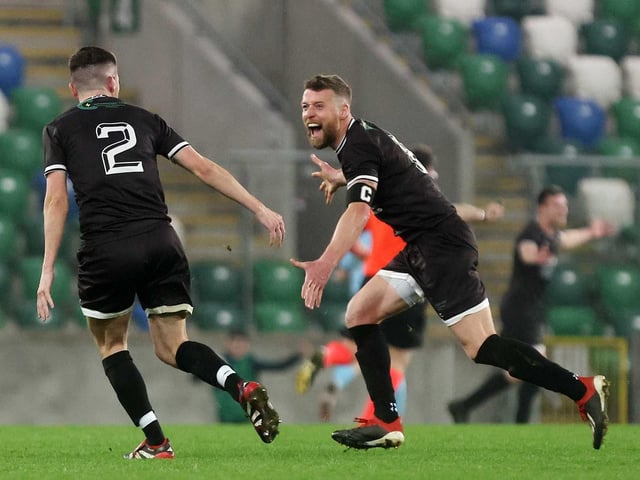 Brian Rainey and Eoin McKeever celebrate during the fonaCAB Craig Stanfield Irish Junior Cup final at Windsor Park. (Photo: IFA)