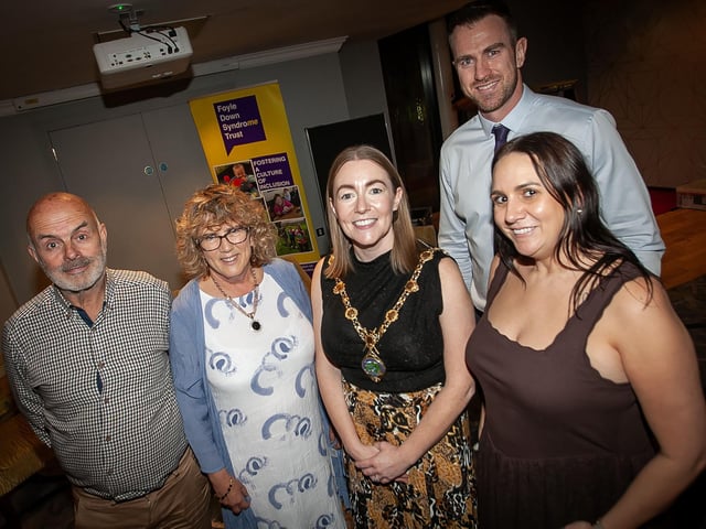 Members of Foyle Down Syndrome Trust’s Board of Directors, Anthony Kirk, Angela Thompson, Michelle Donaghey pictured with Manager Christopher Cooper and Grace Ui Niallais, Mayor of Derry City and Strabane District Council at Friday night's celebrations in the Everglades Hotel, Derry. (Photos: Jim McCafferty Photography)