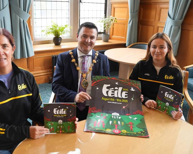 Mayor Ruairí McHugh with representatives launching the 2025 Derry Féile.