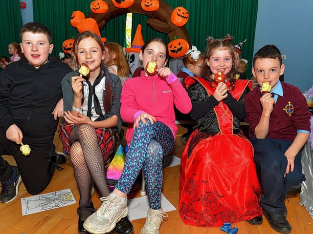 Pupils from St Eithne's Primary School enjoy a toffee apple at the Halloween picnic held on Wednesday afternoon last.  Photo: George Sweeney.  DER2243GS  048