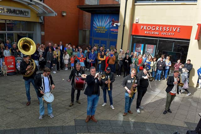 The Jaydee Brass Band performs at the Richmond Centre Steps during Derry’s 2023 Jazz Festival Weekend.  Photo: George Sweeney.  DER2318GS – 12