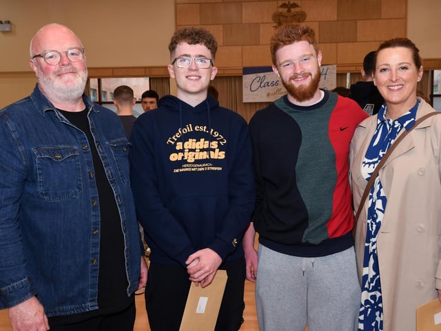 Pictured at St. Columb's College on Thursday morning were, from left, James Houston, Oran McDonnell, Ben Houston and Carie Houston.