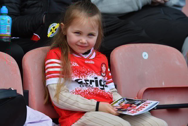 Young fan in Celtic Park on Sunday afternoon for Derry's National football League game against Mayo. Photo: George Sweeney