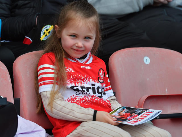 Young fan in Celtic Park on Sunday afternoon for Derry's National football League game against Mayo. Photo: George Sweeney