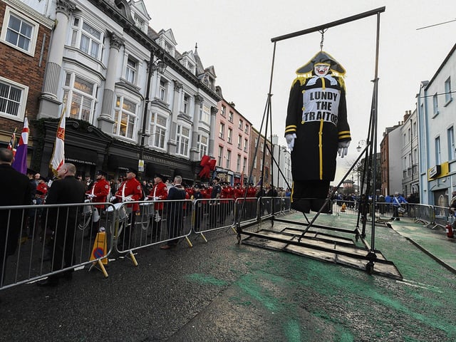 Apprentice Boys gather in Bishop Street for the burning of an effigy of the former governor of Derry Colonel Robert Lundy. Photo: George Sweeney