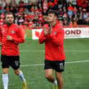 Derry City’s Paul McMullan and Danny Mullen (right) finish their warm up at the Brandywell. Photo: George Sweeney. DER2330GS -