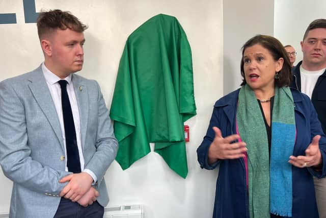 Sinn Féin MLA Pádraig Delargy with party president Mary Lou McDonald at the launch of the party's new offices in Bishop Street.
