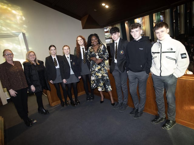 The Mayor, Lilian Seenoi-Barr pictured at the Apprenticeship Fair at the Guildhall on Thursday morning with students from Holy Cross College, Strabane. The event was hosted by the DCSDC's Labour Market Partnership. Included on left is Shonagh Higgenbotham, Employment Support Officer, LMP at Derry City and Strabane District Council. (Photos: Jim McCafferty Photography)