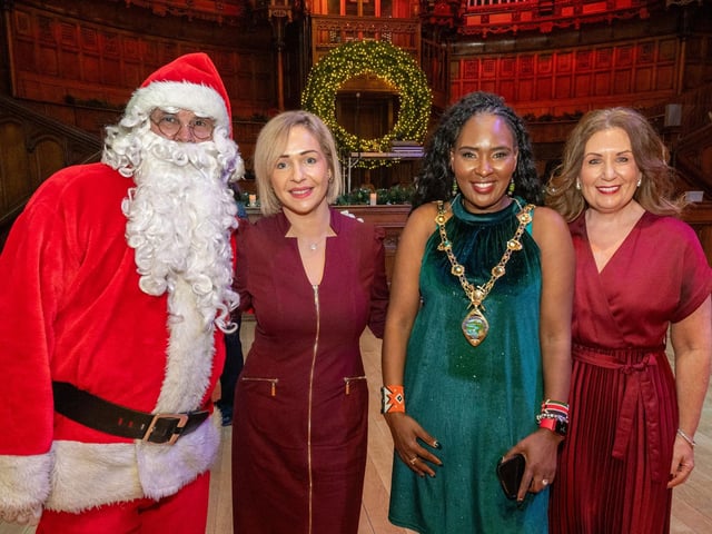 The Guildhall was the setting as the Mayor Councillor Lilian Seenoi-Barr hosted a festive tea dance. Included are Eighrean Horner, Branch Manager Bank of Ireland who sponsored a hamper for the raffle and Sharon Picture Martin McKeown. 11.12.24 : .