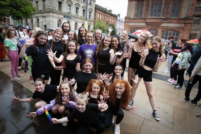 The Fireworks Dancers who took part in Saturday's Foyle Pride Parade, pictured in Guildhall Square, Derry.