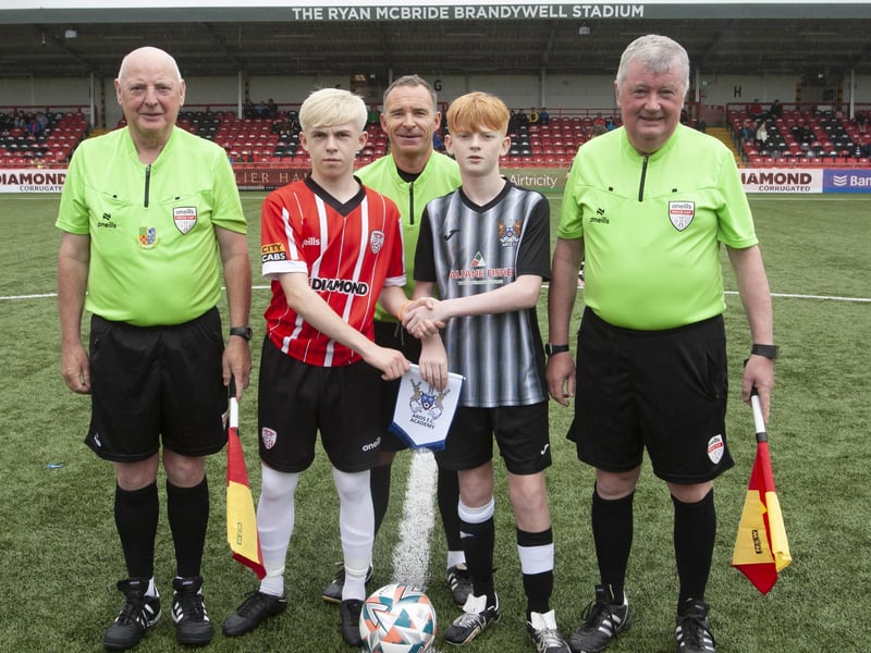 Captains shake hands before the start of the u-14 Foyle Cup final at Brandywell.