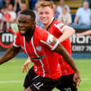 James Akintunde celebrates his winning goal against Finn Harps. Photo by Kevin Moore.