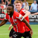 James Akintunde celebrates his winning goal against Finn Harps. Photo by Kevin Moore.