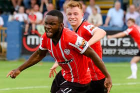 James Akintunde celebrates his winning goal against Finn Harps. Photo by Kevin Moore.