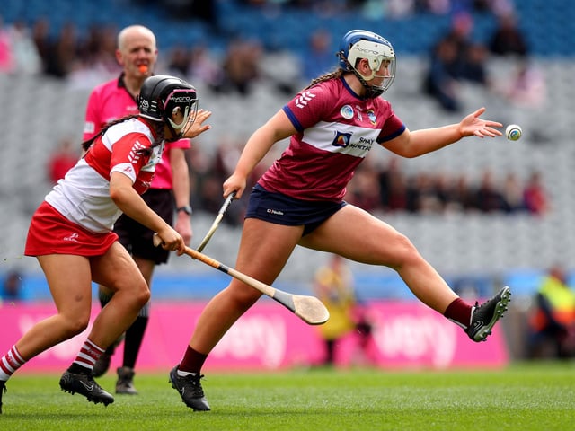 Derry’s Niamh Quinn and Amelia Shaw of Westmeath during Sunday's Very Camogie League Division 2A Final in Croke Park. (Photo: INPHO/Ryan Byrne)