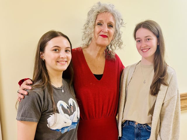 Aoibhe O Hare and Moya Gilmore celebrating with Thornhill College Principal Ms Sharon Mallett.