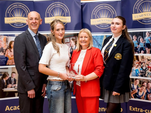 Senior Club of the Year (Ethics Cup Group) received by representatives of the club. Also pictured Mrs Bronagh Gormley, club facilitator and Mr Chris Ryan (Co-ordinator of Extra-curricular Programme), Lumen Christi College