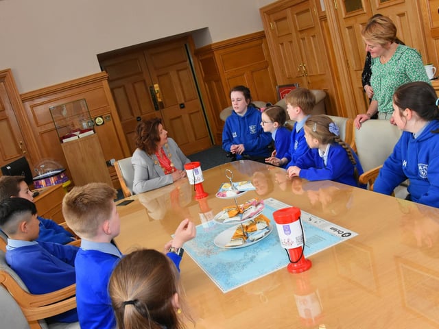 Mayor Patricia Logue answers some of the many questions the children from Nazareth House Primary School.