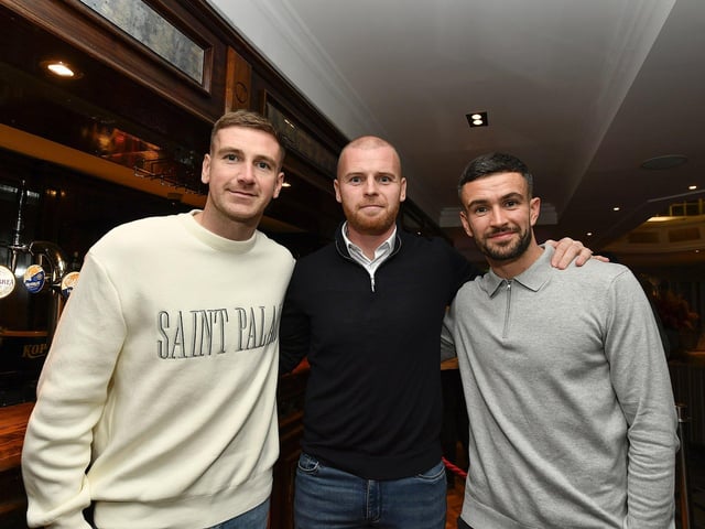 Patrick McEleney, Mark Connolly and Michael Duffy at the Derry City FC celebration of 40 years in the League of Ireland held in the Everglades on Saturday evening. Photo: George Sweeney
