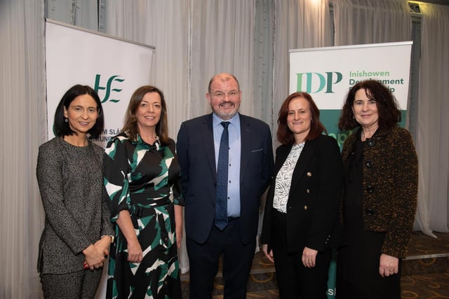 At the HSE & IDP Health, Social Care Recruitment  &  Education Fair in Inishowen Gateway Hotel on Tuesday last from left are Sinead McDaid, IDP,  Clodagh McGee, HSE,  Cllr. Ciaran Brogan, Vice Chairperson of the HSE Western Regional Health Forum, Maria Ferguson, HSE and Denise McCool, IDP.  Photo Clive Wasson