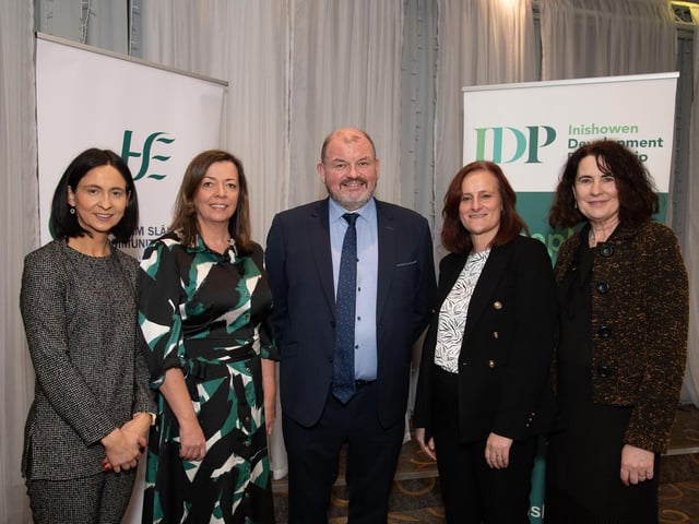 At the HSE & IDP Health, Social Care Recruitment & Education Fair in Inishowen Gateway Hotel on Tuesday last from left are Sinead McDaid, IDP, Clodagh McGee, HSE, Cllr. Ciaran Brogan, Vice Chairperson of the HSE Western Regional Health Forum, Maria Ferguson, HSE and Denise McCool, IDP. Photo Clive Wasson